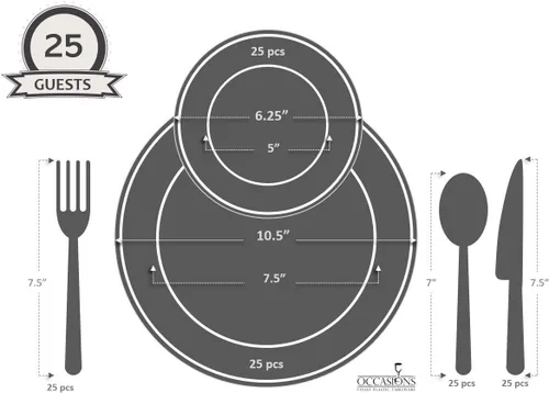 Vista 4 de Occasions" - Juego de 125 piezas (25 invitados) - Platos y cubiertos de plástico para boda, vajilla pesada desechable de 10.5 pulgadas, 6.25