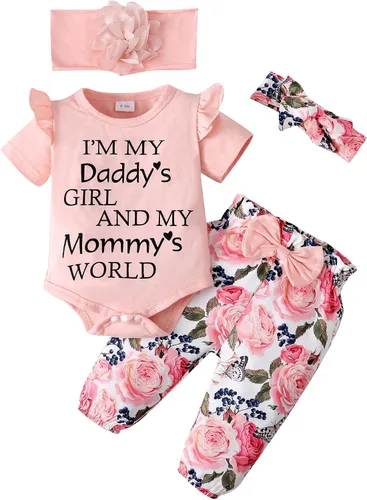 Vista 16 de SUNNY PIGGY Ropa para bebé recién nacida, 4 piezas, lindos trajes de otoño Rosa (Bow Pink)
