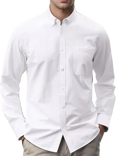 Vista 6 de Camisas Oxford para hombre, estilo casual, con cuello abotonado, manga larga, ajuste regular, suave, para negocios, con bolsillo