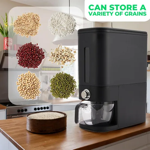 Vista 4 de Dispensador de arroz 25 libras Contenedor de almacenamiento de arroz 25 libras con esponja, cuchara y taza medidora Contenedor de arroz