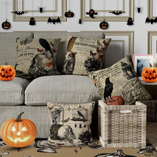 Vista 5 de KatchOn, Fundas de almohada vintage de Halloween de 18 x 18 pulgadas, paquete de 4 fundas de almohada de calavera Fundas de cojín de calabaza