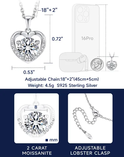 Vista 49 de MomentWish Collar de corazón para mujer, moissanita, diamante de imitación, plata de ley 925