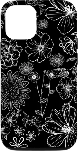 Vista 11 de iPhone 12 Mini - Funda floral de primavera con patrón de flores silvestres en blanco y negro