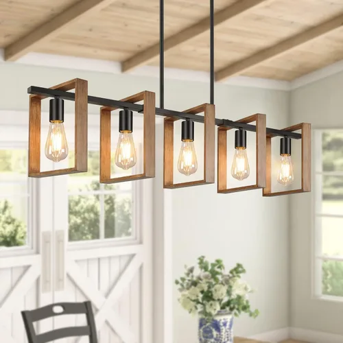 Vista 9 de Lámpara de comedor de 4 luces, lámpara de madera de granja de 53 pulgadas, iluminación de isla de cocina, sobre mesa, moderna lámpara colgante
