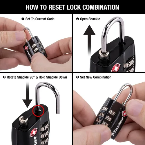 Vista 2 de Master Lock Cerradura de equipaje negra aprobada por la TSA con cuerpo de bloqueo ancho y grillete de acero fino y duradero, cierre de cremallera