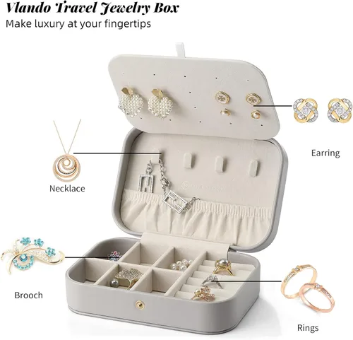 Vista 7 de Vlando Joyero pequeño, organizador de joyas de viaje para aretes, collar, anillo, organizador de joyas de viaje portátil de doble capa para mujeres