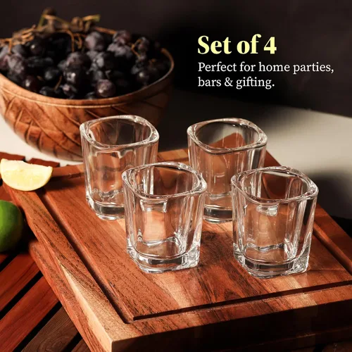 Vista 3 de QUAFFER Vasos de chupito cuadrados de base pesada de 2 onzas (juego de 4) – Vaso de chupito moderno – Vodka clásico de whisky vodka tequila Jerez
