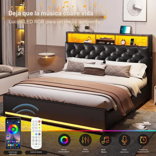 Vista 3 de HAUOMS - Base de cama Queen con cabecero y 4 cajones, tapizado de poliuretano negro Pu Negro