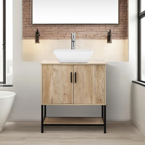 Vista 37 de UEV Juego de tocador de baño antiguo de 24 pulgadas, color marrón oscuro con lavabo, armario de baño de madera de hierro con grifo de temperatura