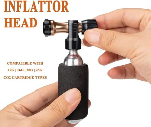 Vista 3 de Inflador de CO2 con 4 cartuchos de 0.56 oz - Bomba de bicicleta de CO2 compatible con válvula Presta y Schrader - Inflador de neumáticos