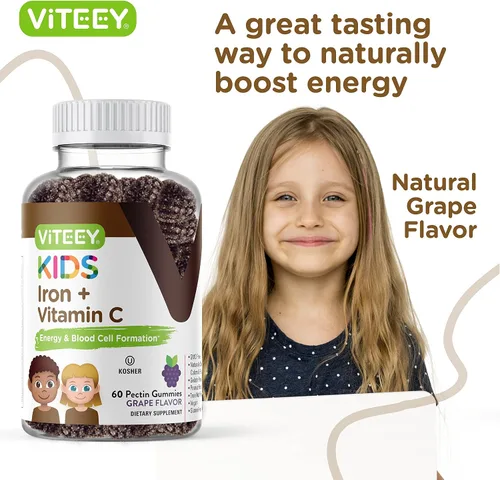 Vista 6 de Viteey - Hierro para niños con vitamina C, sabrosa gomita masticable con sabor a uva Supports Energy, Blood Cell Formulation, Blood Builder Anemia