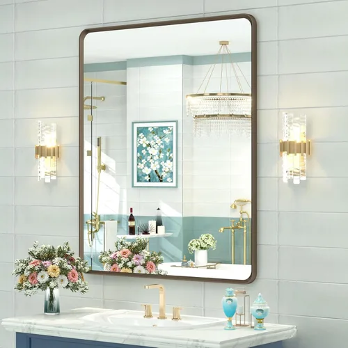Vista 10 de OKPAL - Espejo de tocador de baño de 20x24 pulgadas con marco de metal cepillado en bronce, espejo de baño con marco de metal cepillado en bronce