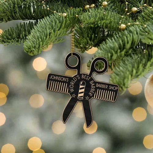 Vista 5 de Adorno de peluquero personalizado, decoración de peluquería para peluquería, el mejor adorno de peluquero del mundo, adorno de Navidad de poste