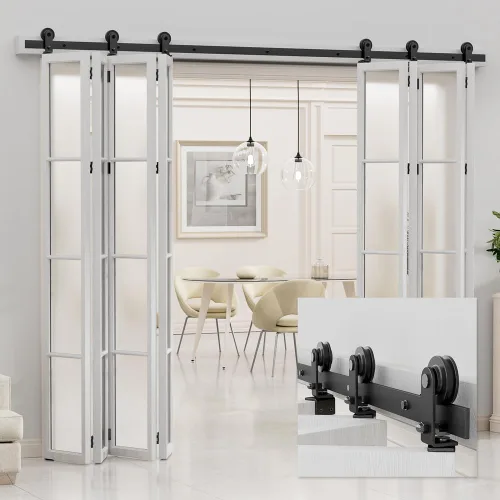 Vista 2 de Kit de riel de puerta corrediza de granero biplegable de 7 pies/84 pulgadas para interior de 8 puertas, resistente