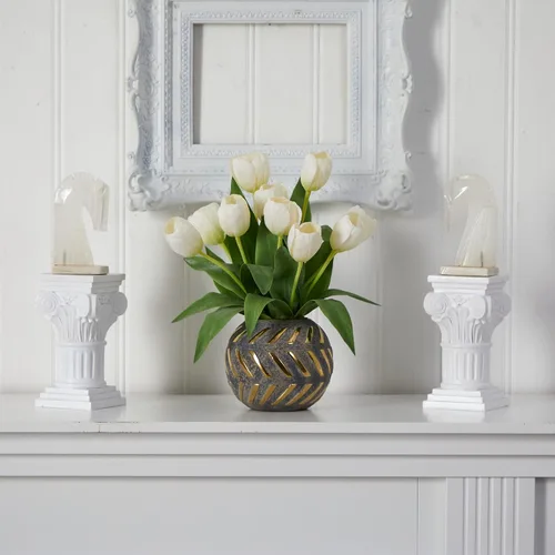 Vista 4 de Nearly Natural Arreglo artificial de tulipanes en jarrón decorativo Blanco