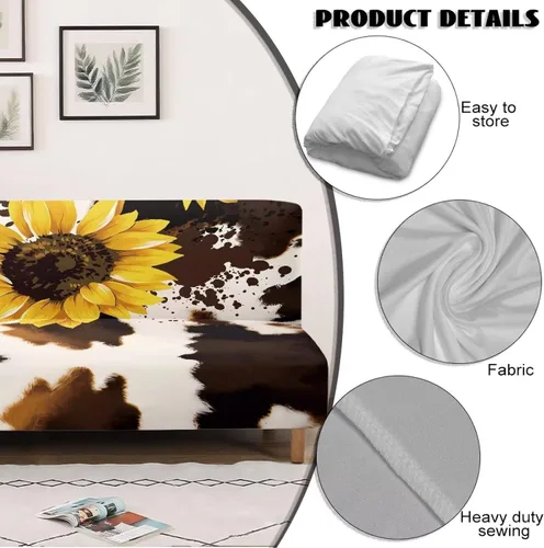 Vista 4 de Fundas para sofá cama con estampado de vaca marrón girasol con bandas elásticas para el hogar, sala de estar, fácil de instalar, antideslizante