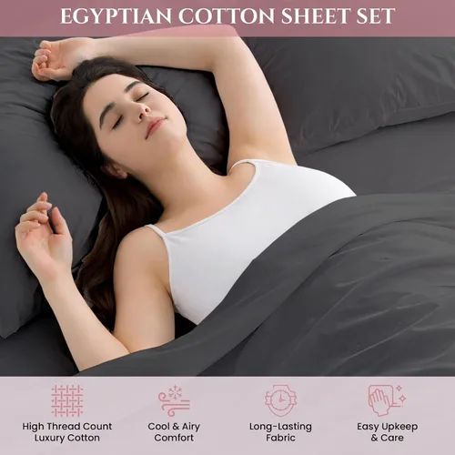 Vista 2 de Sábanas de cama tamaño individual XL, juego de sábanas de 100% algodón egipcio suave de fibra larga, juego de 4 piezas con bolsillo profundo de Gris