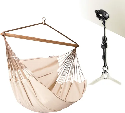 Vista 20 de LA SIESTA® - Silla Hamaca Grande y Cómoda de Algodón Habana & CasaMount - Silla Colgante con Kit de Suspensión para Paredes, Techos y Vigas Café