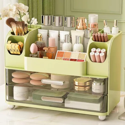 Vista 10 de Organizador de maquillaje con cajones para tocador, organizador de encimera de baño con soporte para brochas, organizador de almacenamiento