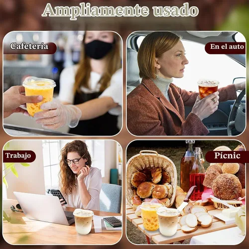 Vista 4 de Paquete de 60 vasos de plástico transparente con tapas para sorber sin pajilla, vasos desechables de PET cristal de 12 onzas para café helado