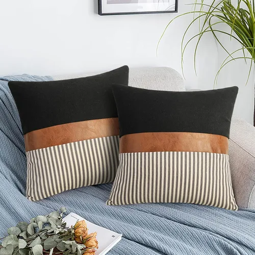 Vista 11 de Cygnus - Juego de 2 fundas de almohada de 16 x 16 pulgadas hechas de lino y de la unión de distintas telas con diseño de rayas para decoración Negro
