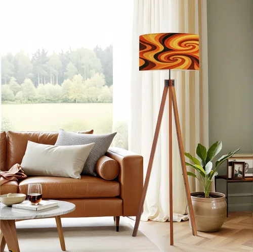 Vista 7 de Trípode de madera, lámpara de pie con diseño de remolino, psicodélico, Groovy, estilo de los años 70, estilo de mediados de siglo, naranja, retro