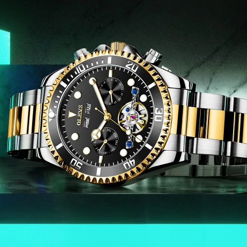 Vista 6 de OLEVS Reloj automático para hombre esqueleto mecánico de cuerda automática de lujo acero inoxidable 3 ATM impermeable calendario relojes de pulsera