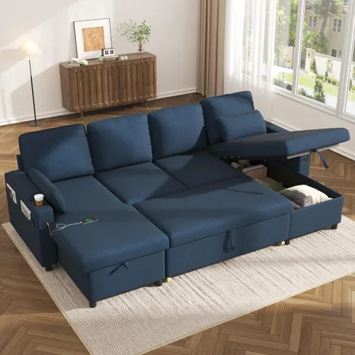 Vista 8 de Sofá cama extraíble 2 en 1 sofá cama seccional sofá en forma de L con almacenamiento Sofás convertibles para sala de estar, puertos de carga USB