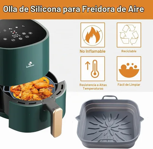Vista 4 de Forros reutilizables de silicona para freidora de aire (paquete de 2) – Cuadrado de 8.5 pulgadas, antiadherente y fácil de limpiar, cesta resistente