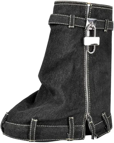 Vista 2 de Botas de mezclilla para mujer, con candado, plegables, hasta la rodilla, con cremallera, botas de mezclilla altas