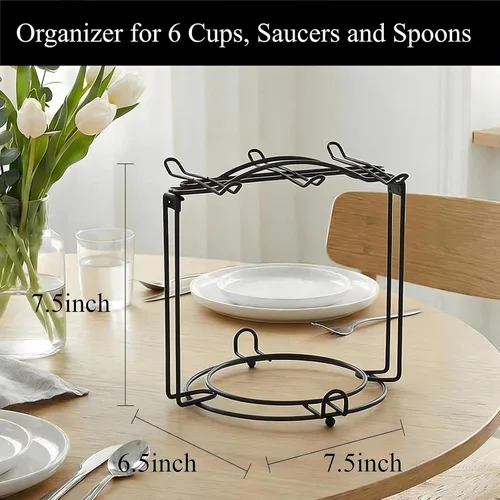 Vista 3 de YOLIFE Soporte para tazas de té. para 6 tazas, 6 platitos, 6 cucharas, desarmable., Negro Metal Cup and Saucer Display Stand, Foldable Tea Station