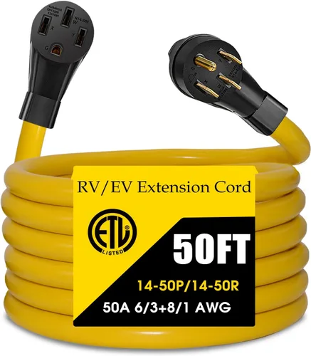 Vista 9 de Cable de extensión de 50 amperios para RV/EV, 4 clavijas NEMA 14-50P a 14-50R 50F/50M cable para caravanas remolques, Tesla modelo 3-S-X-Y, STW