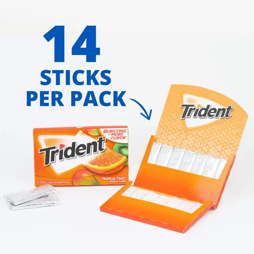 Vista 4 de Trident Tropical Twist - Goma de mascar sin azúcar, 8 paquetes de 14 piezas (112 piezas en total)