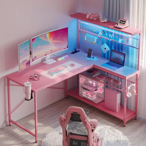 Vista 12 de Bestier Escritorio de juegos en forma de L de 42 pulgadas, escritorio para computadora con tomas de corriente y luz LED, escritorio reversible