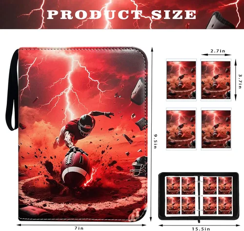 Vista 2 de Carpeta de tarjetas de fútbol con 400 bolsillos, álbum de tarjetas intercambiables impermeable con 50 fundas extraíbles, 3 anillos con cremallera