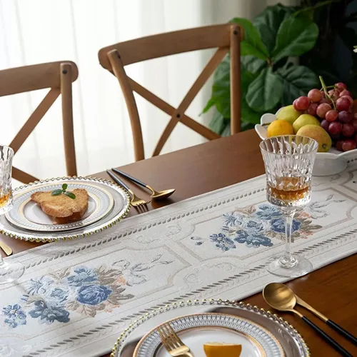 Vista 8 de Camino de mesa de lujo bordado, largo camino de mesa de comedor, elegante bufanda de jacquard con borlas múltiples para decoración de mesa
