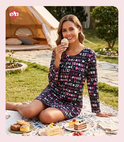 Vista 5 de ENJOYNIGHT Ropa de dormir de algodón para mujer, camisón de manga larga con estampado de camiseta para dormir ABC