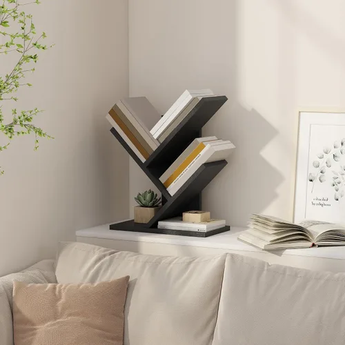 Vista 8 de Tajsoon Estantería de árbol de 3 niveles para libros, organizador de almacenamiento, estantería de escritorio, estantería de pie para Negro