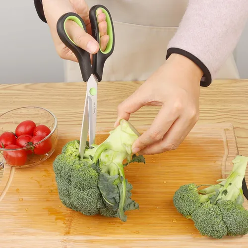Vista 5 de Tijeras de cocina, cuchillas de acero inoxidable, agarre suave, juego de tijeras de cocina multiusos resistentes, negro/verde, juego de 4 piezas