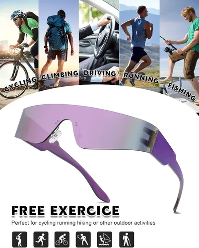 Vista 5 de MASDUN Gafas de sol futuristas envolventes sin montura para mujeres y hombres gafas de sol Cyberpunk con visera