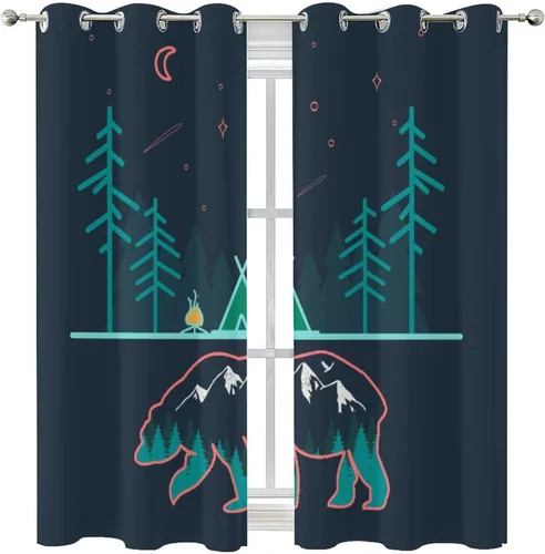 Vista 8 de Cortinas abstractas con estampado de cámper de caricaturas, divertido tema de aventura, campamento, montañas, vida silvestre, oso, tratamiento