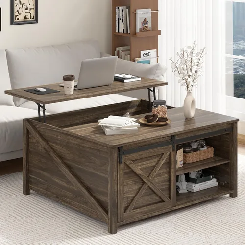Vista 4 de PUKAMI Mesa de centro elevable con almacenamiento, mesa de centro de granja de 31.5 pulgadas para sala de estar, mesas de centro cuadradas con gran