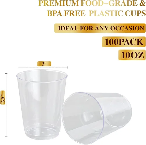 Vista 2 de FOCUSLINE Vasos de plástico transparente de 10 onzas, vasos desechables de plástico duro, reutilizables, 100