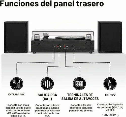 Vista 5 de Tocadiscos Bluetooth con altavoces externos con transmisión por correa Negro (Black Wood)