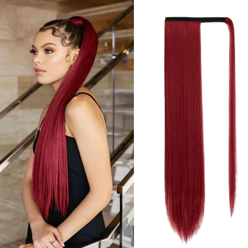 Vista 8 de Extensión de cola de caballo larga y recta, cola de caballo con clip, 32 pulgadas, resistente al calor, sintético, cola de caballo de pelo castaño