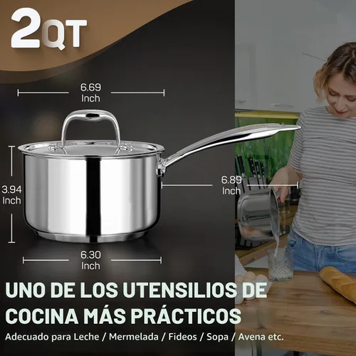 Vista 3 de Ciwete - Sartén de 2 cuartos con tapa, cacerola de acero inoxidable de tres capas de 2 cuartos con tapa de acero inoxidable, 2 líneas de medición
