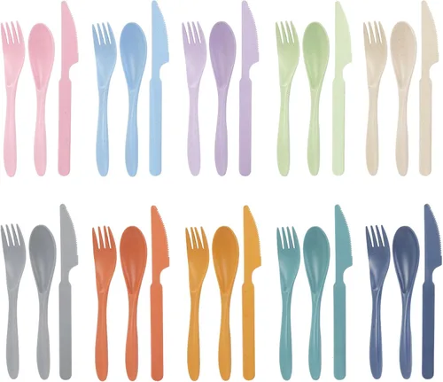 Vista 9 de Juego de tenedores, cucharas y cuchillos, juego de cubiertos de paja de trigo, juego de cubiertos reutilizables para 4, utensilios para fiesta