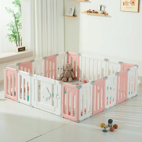 Vista 16 de Bestgame - Corralito para bebés - 14 paneles extragrandes plegables para niños pequeños, valla portátil en forma de OVNI, puerta, patio - Azul