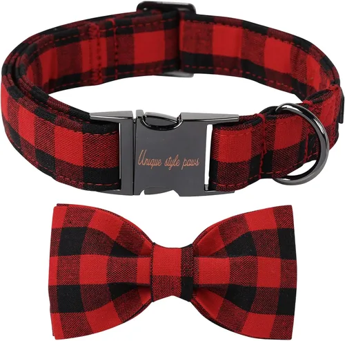 Vista 17 de Unique style paws Collar de perro de algodón con lazo, collar para cachorro con cuadrícula negra y azul para perros pequeños, medianos y grandes