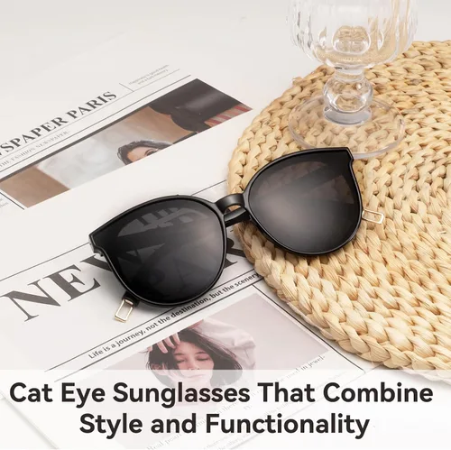 Vista 2 de Lentes de sol polarizados de gran tamaño para mujeres y hombres, lentes de sol de ojo de gato, lentes de sol retro con montura grande, color negro